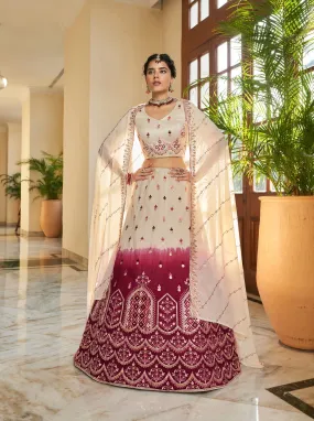 Beige Maroon Thread and Sequins Embroidered with Mirror Work Art Silk Festive & Party Wear Semi Stitched Lehenga