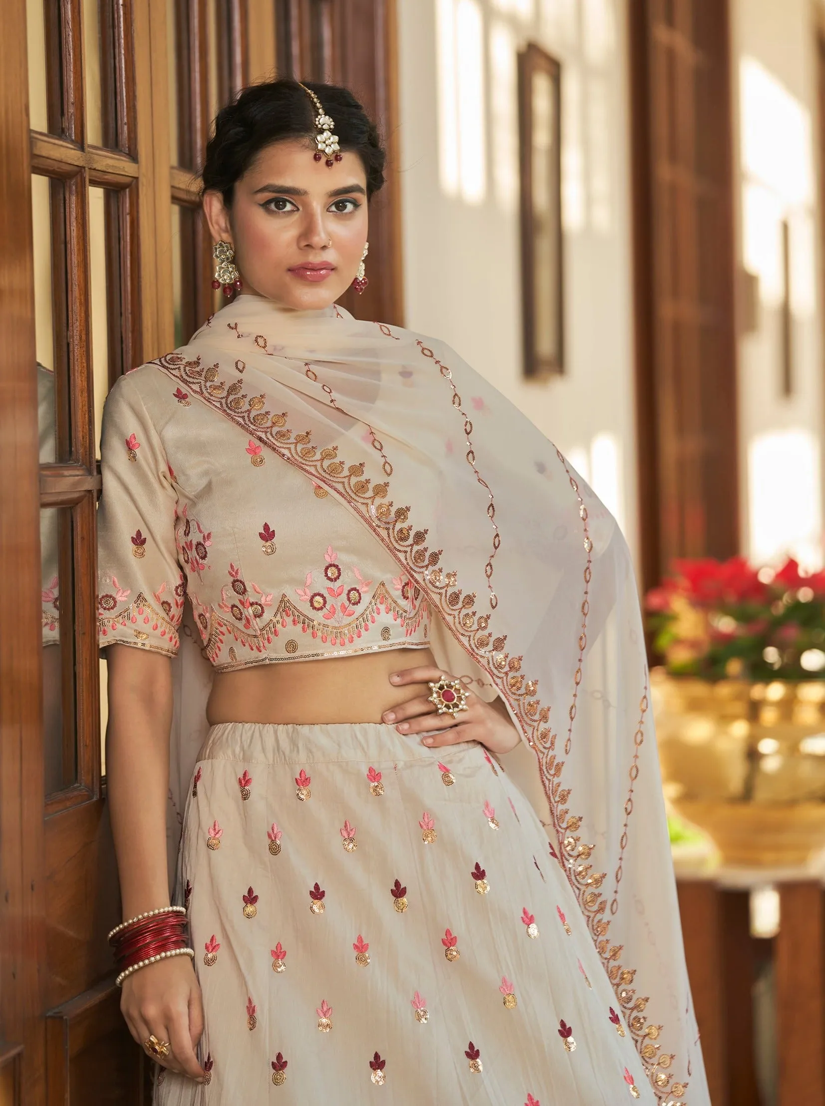 Beige Maroon Thread and Sequins Embroidered with Mirror Work Art Silk Festive & Party Wear Semi Stitched Lehenga