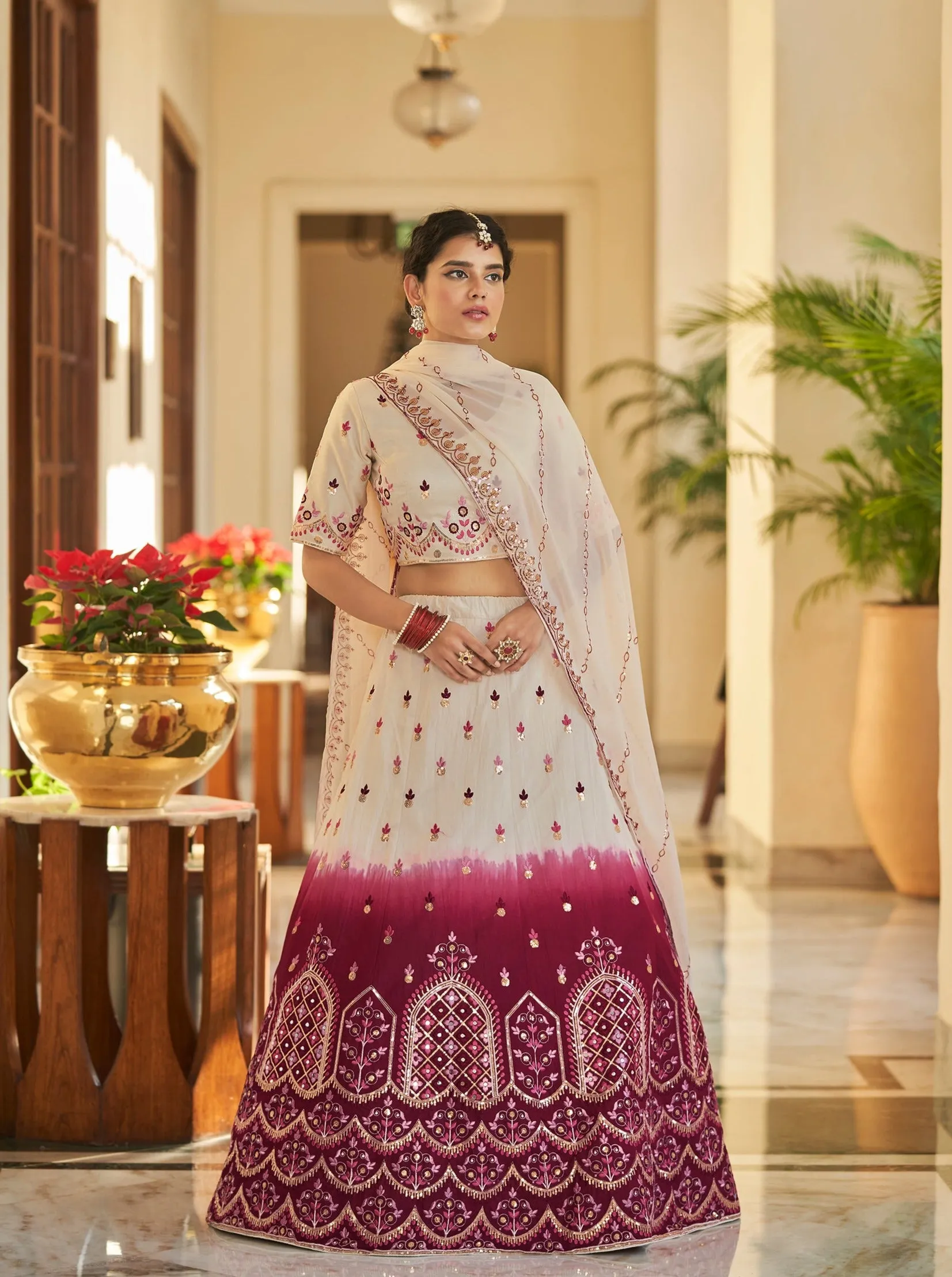 Beige Maroon Thread and Sequins Embroidered with Mirror Work Art Silk Festive & Party Wear Semi Stitched Lehenga