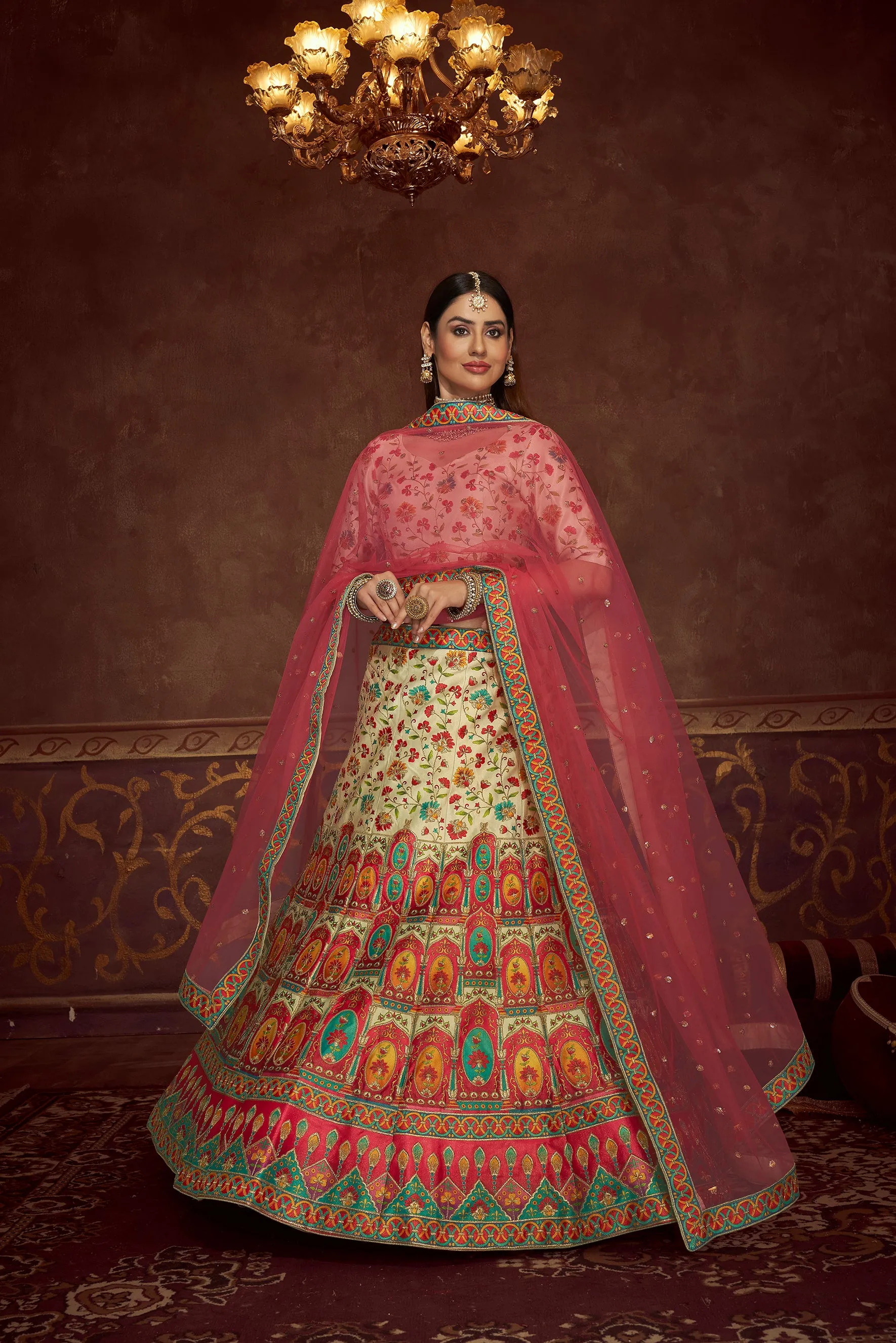 Beige Pink And Multicolored Embroiderey Work With Print Work Art Silk Wedding Festival Lehenga