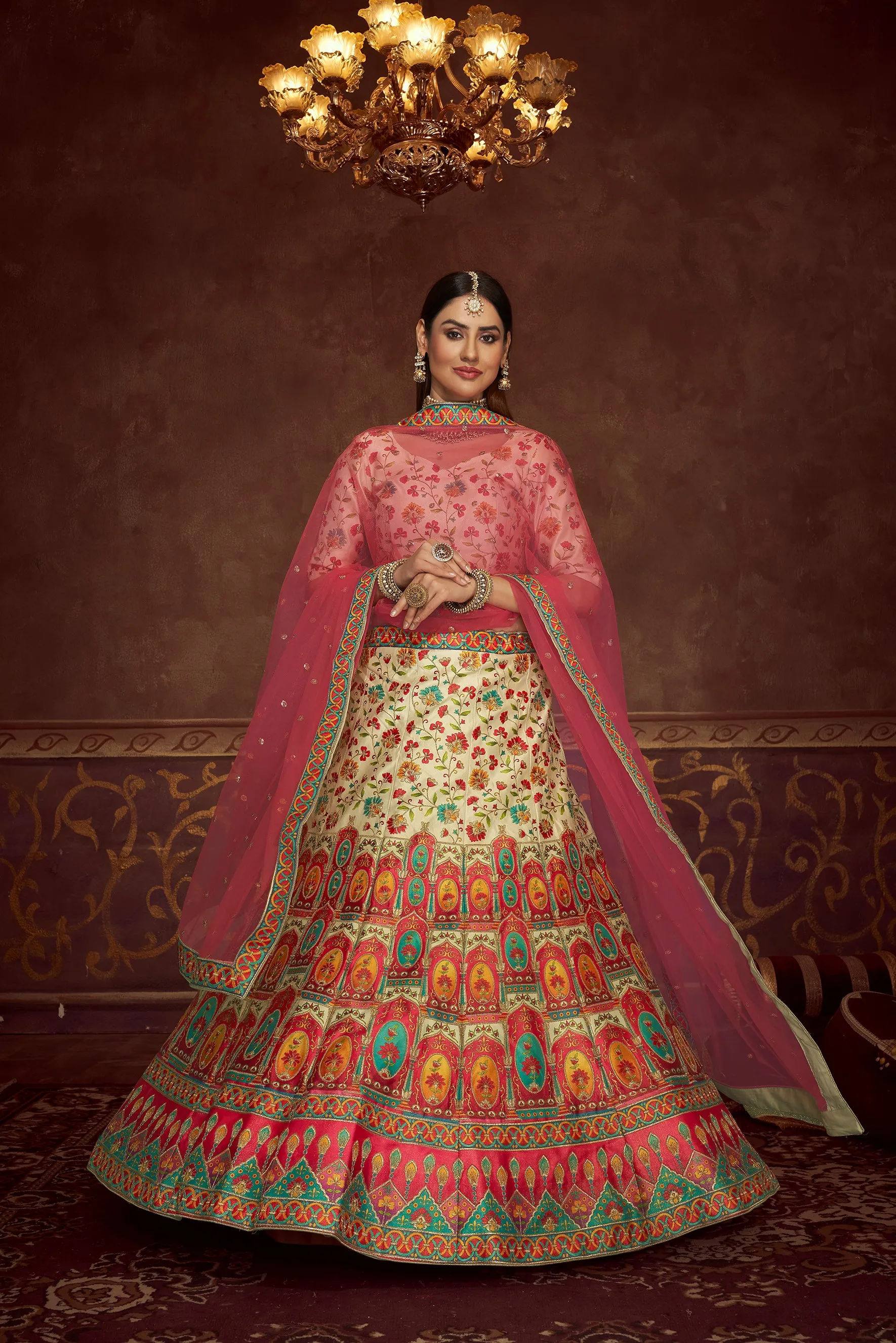 Beige Pink And Multicolored Embroiderey Work With Print Work Art Silk Wedding Festival Lehenga