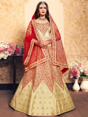 Beige Satin Embroidered Semi Stitched Lehenga With Unstitched Blouse