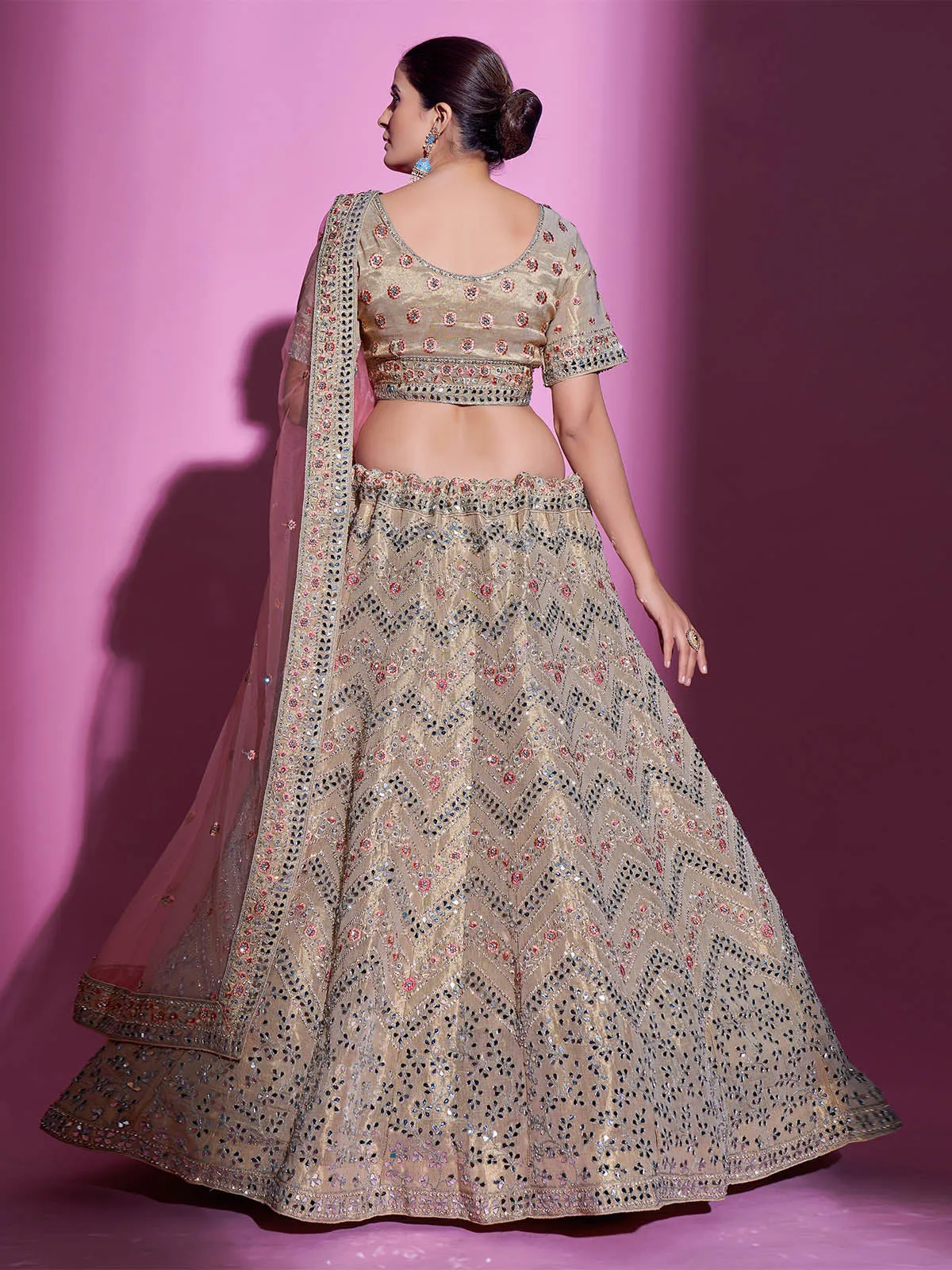 Beige Silk Blend Embroidered Semi Stitched Lehenga With Unstitched Blouse