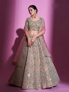 Beige Silk Blend Embroidered Semi Stitched Lehenga With Unstitched Blouse