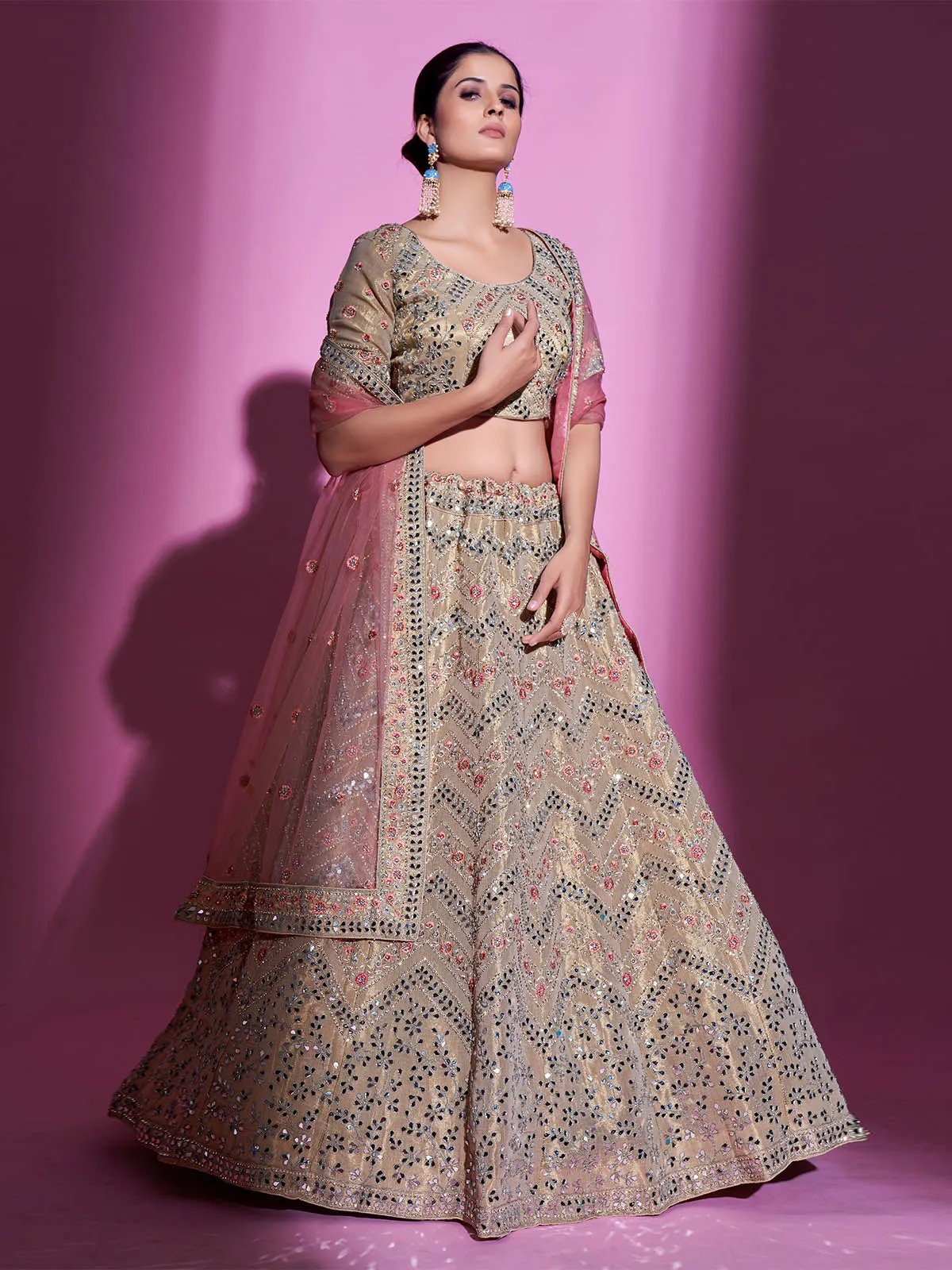 Beige Silk Blend Embroidered Semi Stitched Lehenga With Unstitched Blouse