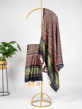 Black Color Digital Printed Pure Gaji Silk Dupatta With Tassels