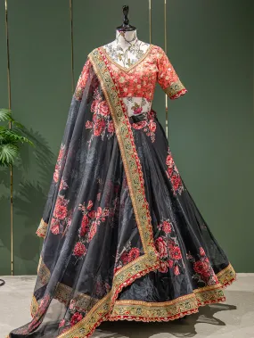 Black Color Floral Printed Organza Lehenga Choli