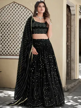 Black Color Lucknowi Thread & Sequins Embroidery Work Georgette Lehenga Choli