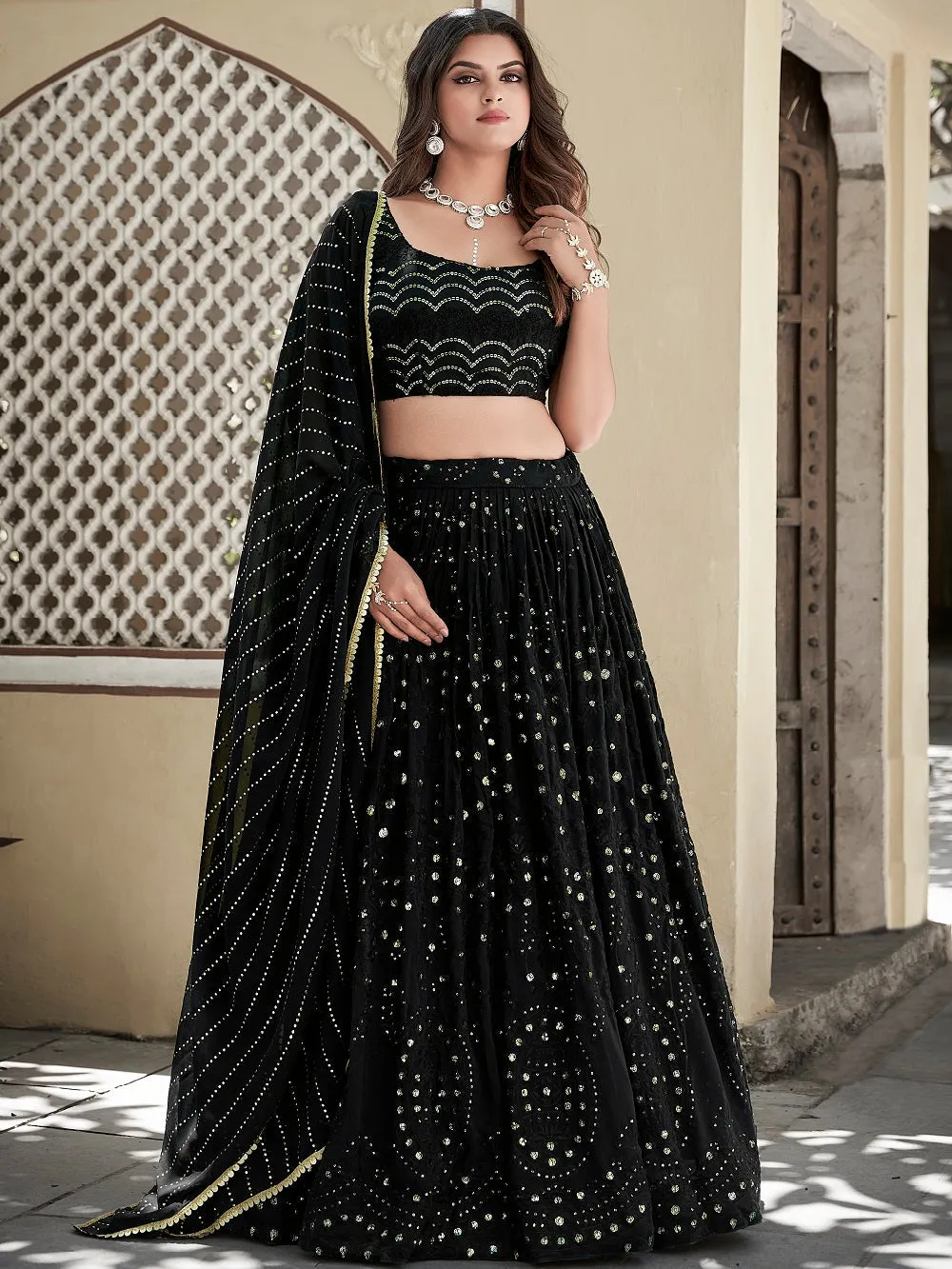 Black Color Lucknowi Thread & Sequins Embroidery Work Georgette Lehenga Choli