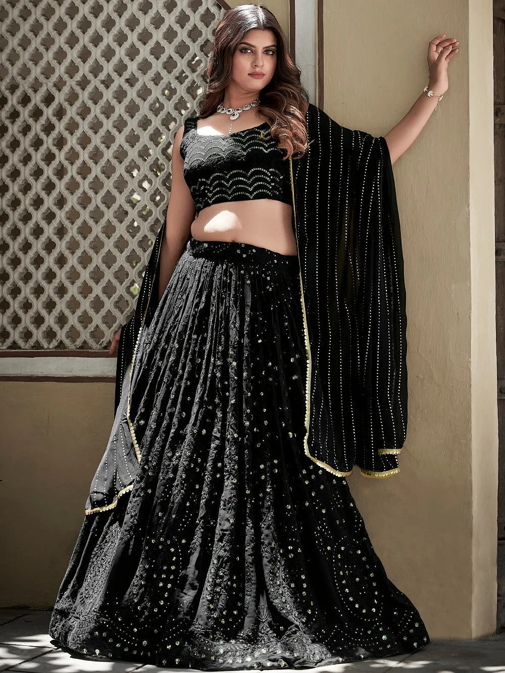 Black Color Lucknowi Thread & Sequins Embroidery Work Georgette Lehenga Choli