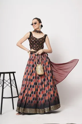 Black Georgette Print With Sequins Embroidered Work Lehenga Choli