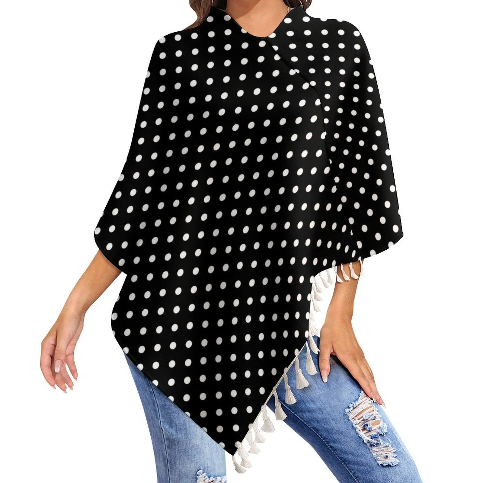 Black With White Polka Dots Tassel Cape