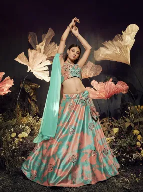 Blissful Orange Color Shibori Print Turquoise Mirror Work Lehenga Choli