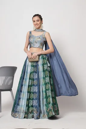 Blue Chinon Silk Print With Sequins Embroidered Work Lehenga Choli