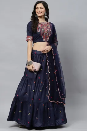 Blue Cotton Multi Embroidered Work Lehenga Choli