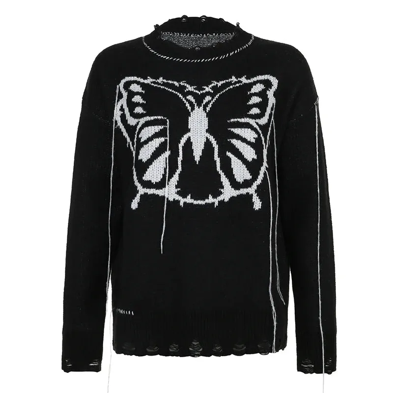 Butterfly Jacquard Loose Winter Sweater Women Grunge Hole Ripped Pullover Harajuku Academia Tassel Jumper