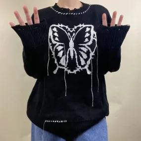 Butterfly Jacquard Loose Winter Sweater Women Grunge Hole Ripped Pullover Harajuku Academia Tassel Jumper