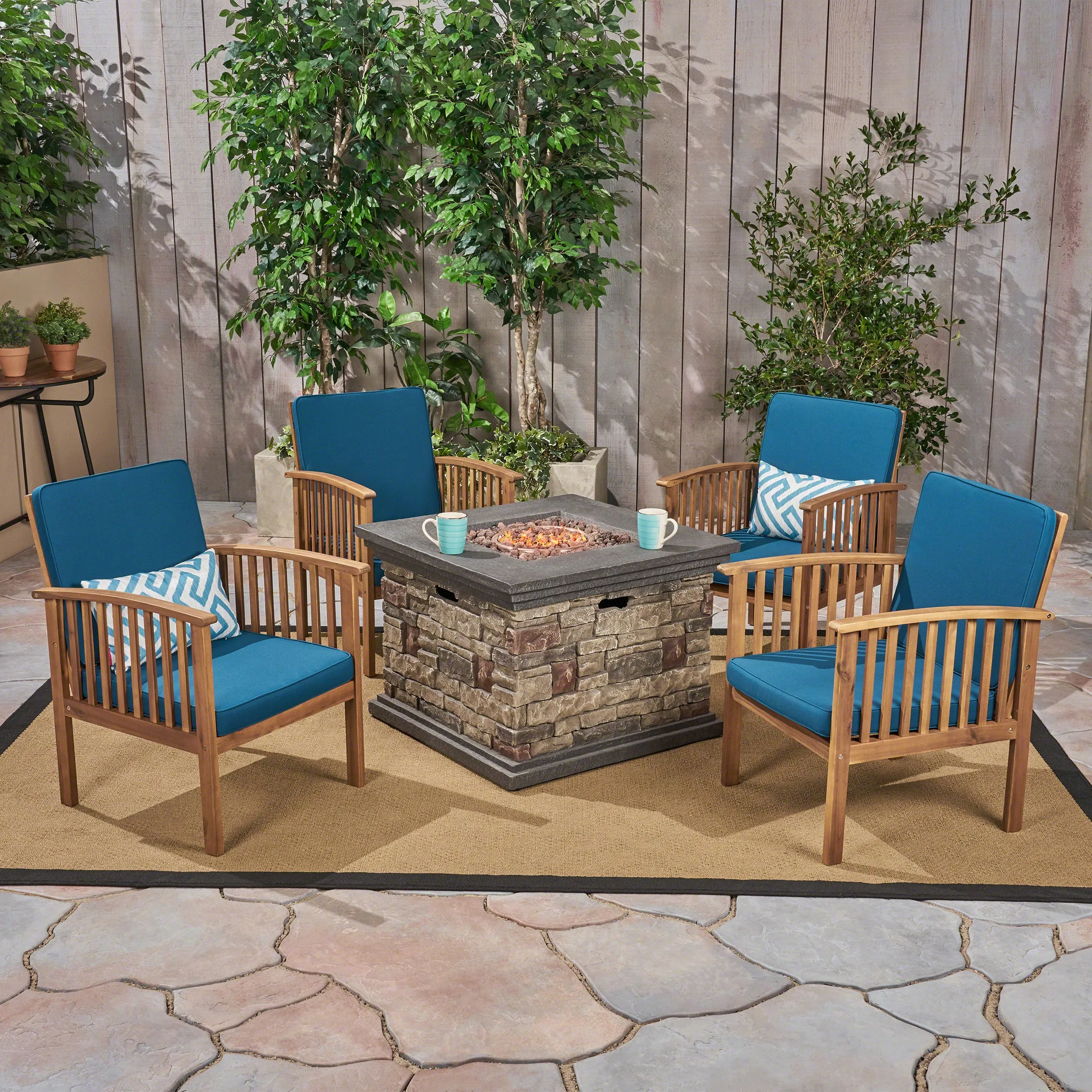 Cape Outdoor 4-Seater Acacia Wood Club Chairs with Firepit, Brown Patina Finish and Cream and Stone