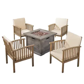 Cape Outdoor 4-Seater Acacia Wood Club Chairs with Firepit, Gray Finish and Cream and Wood Pattern