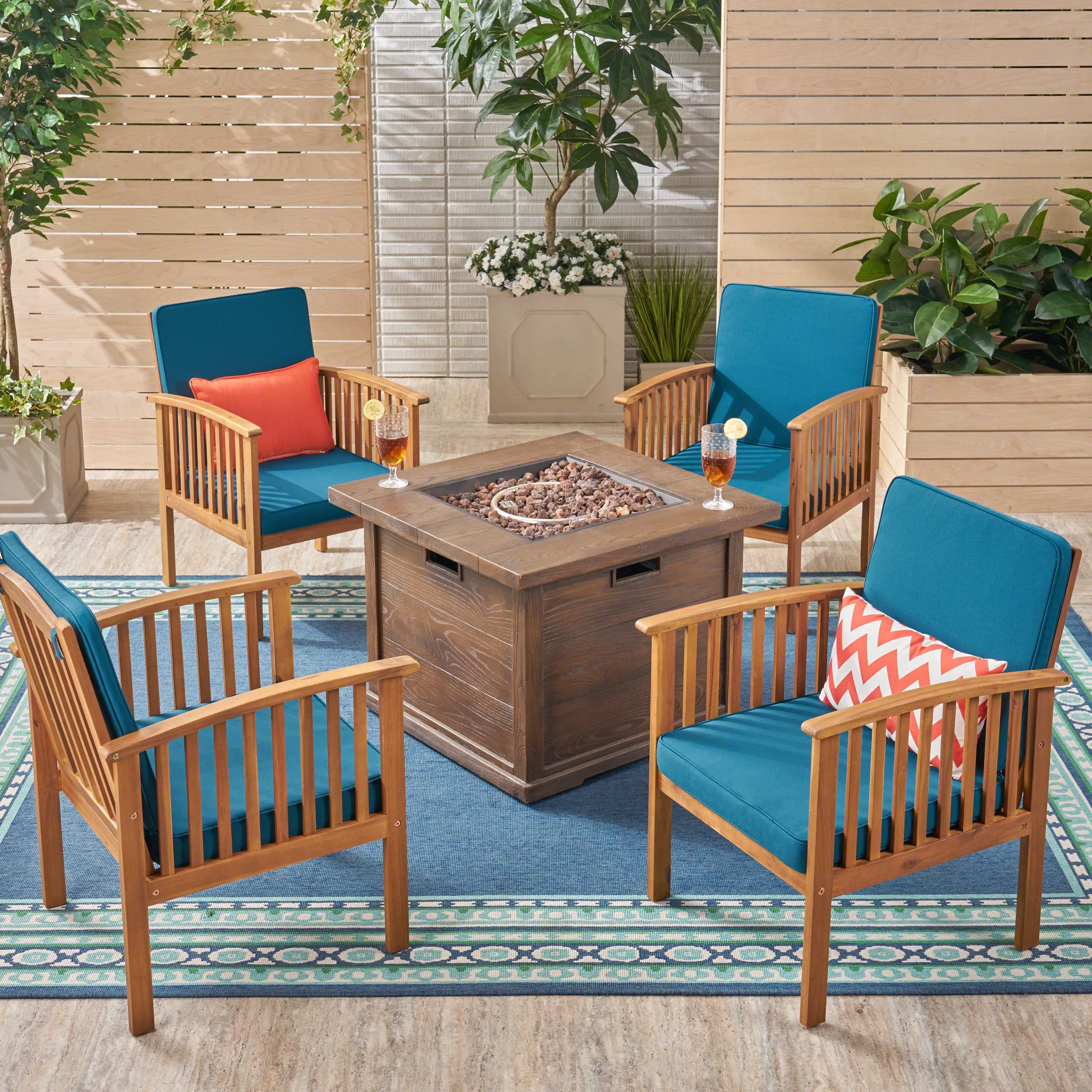 Cape Outdoor 4-Seater Acacia Wood Club Chairs with Firepit