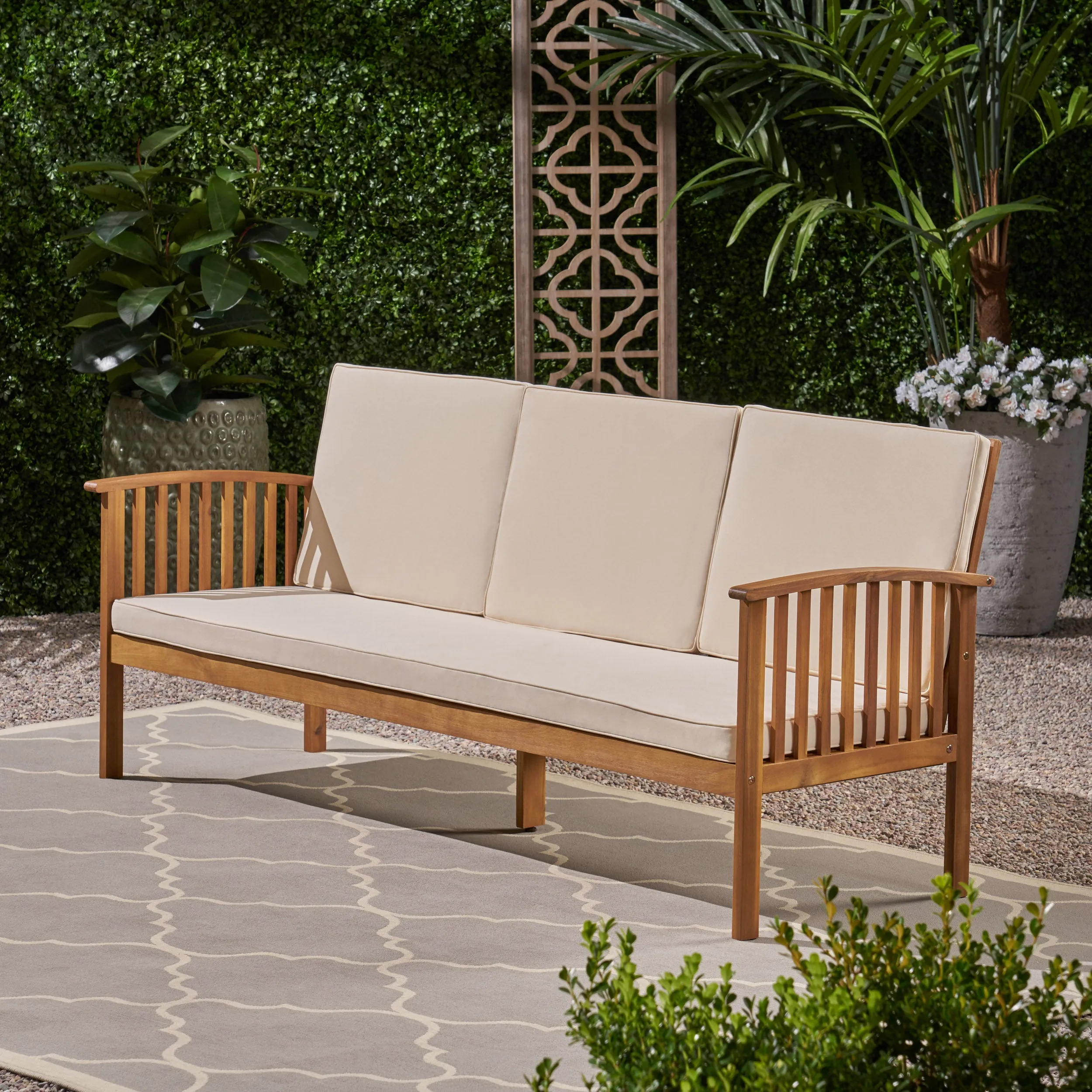 Cape Outdoor Open Slat Acacia Wood 3-Seater Sofa w/ Water-Resistant Cushions