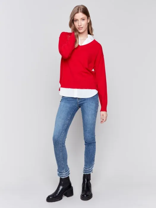 Charlie B C2568R V-Neck Fooler Sweater with Shirt Collar