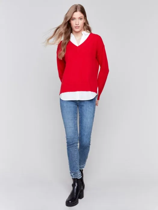 Charlie B C2568R V-Neck Fooler Sweater with Shirt Collar