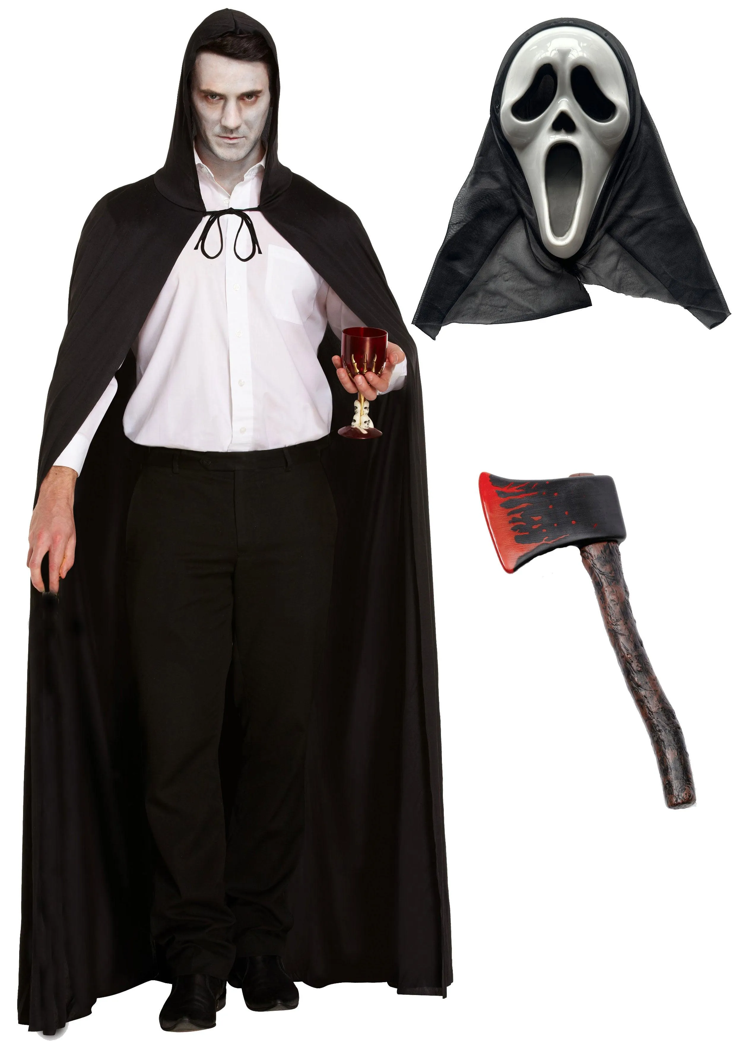 Chilling Horror Costume Set: Long Black Cape, Scream Ghost Killer Mask, and Bloody Axe Prop