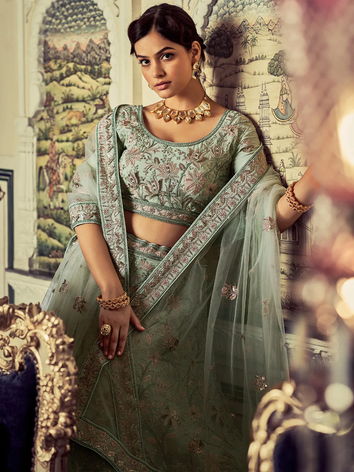 Classic Sea Green Georgette Embroidered Semi Stitched Lehenga With Unstitched Blouse