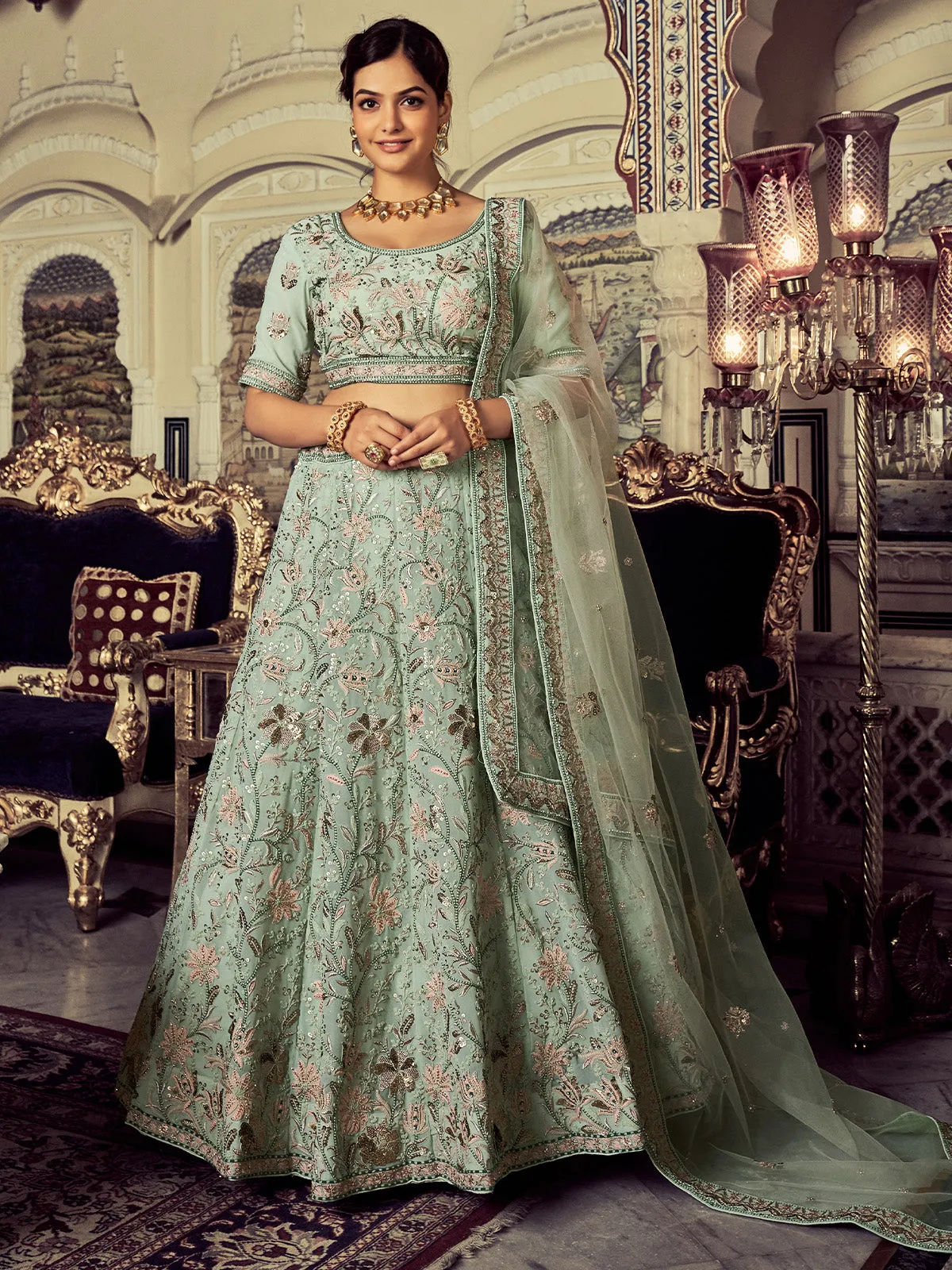 Classic Sea Green Georgette Embroidered Semi Stitched Lehenga With Unstitched Blouse