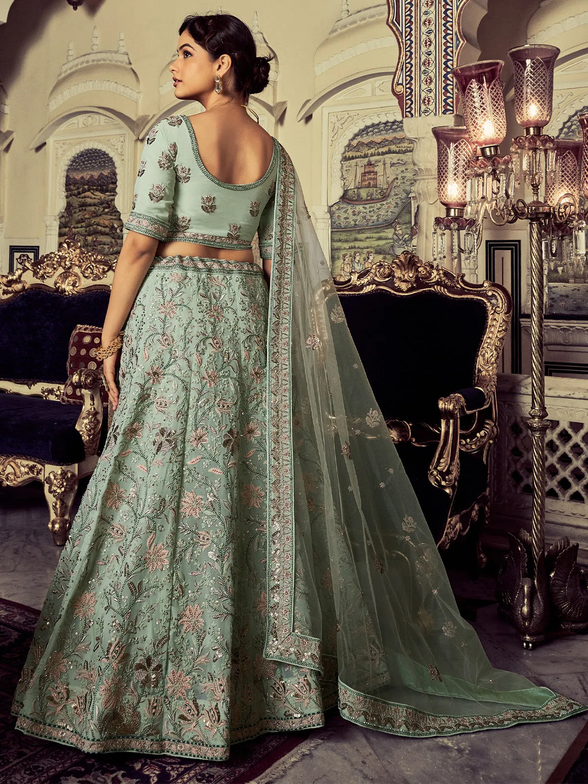 Classic Sea Green Georgette Embroidered Semi Stitched Lehenga With Unstitched Blouse