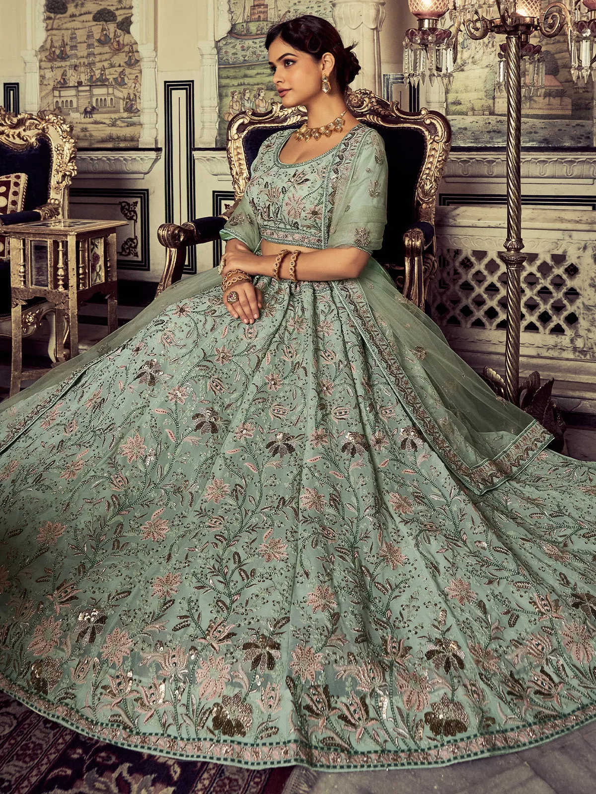 Classic Sea Green Georgette Embroidered Semi Stitched Lehenga With Unstitched Blouse