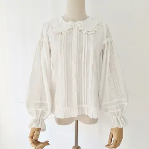 Cotton Lolita Shirt Peter Pan Collar Fleeced Long Sleeve Blouse for Women