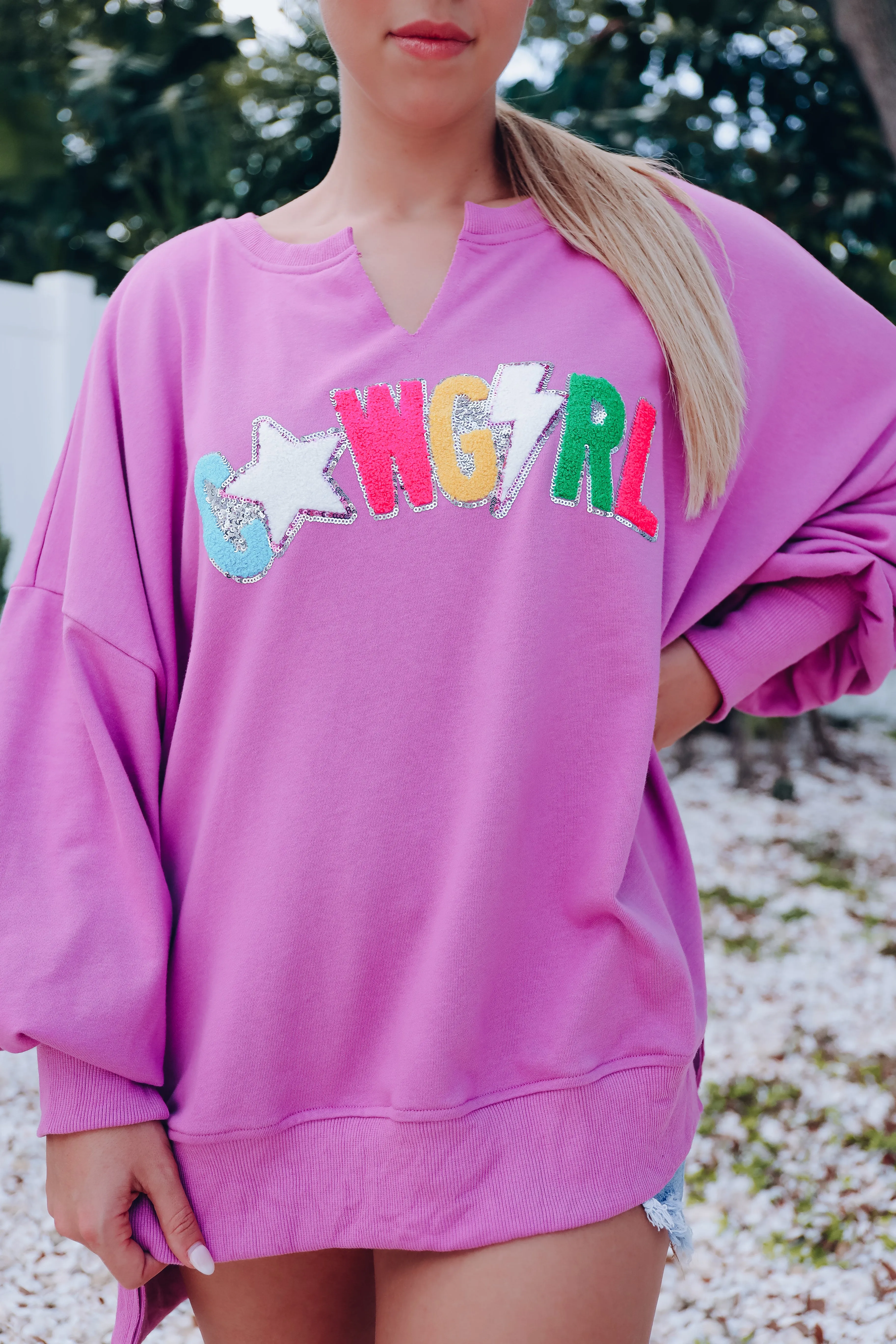 Cowgirl Sequin Patch Sweatshirt -  Orchid