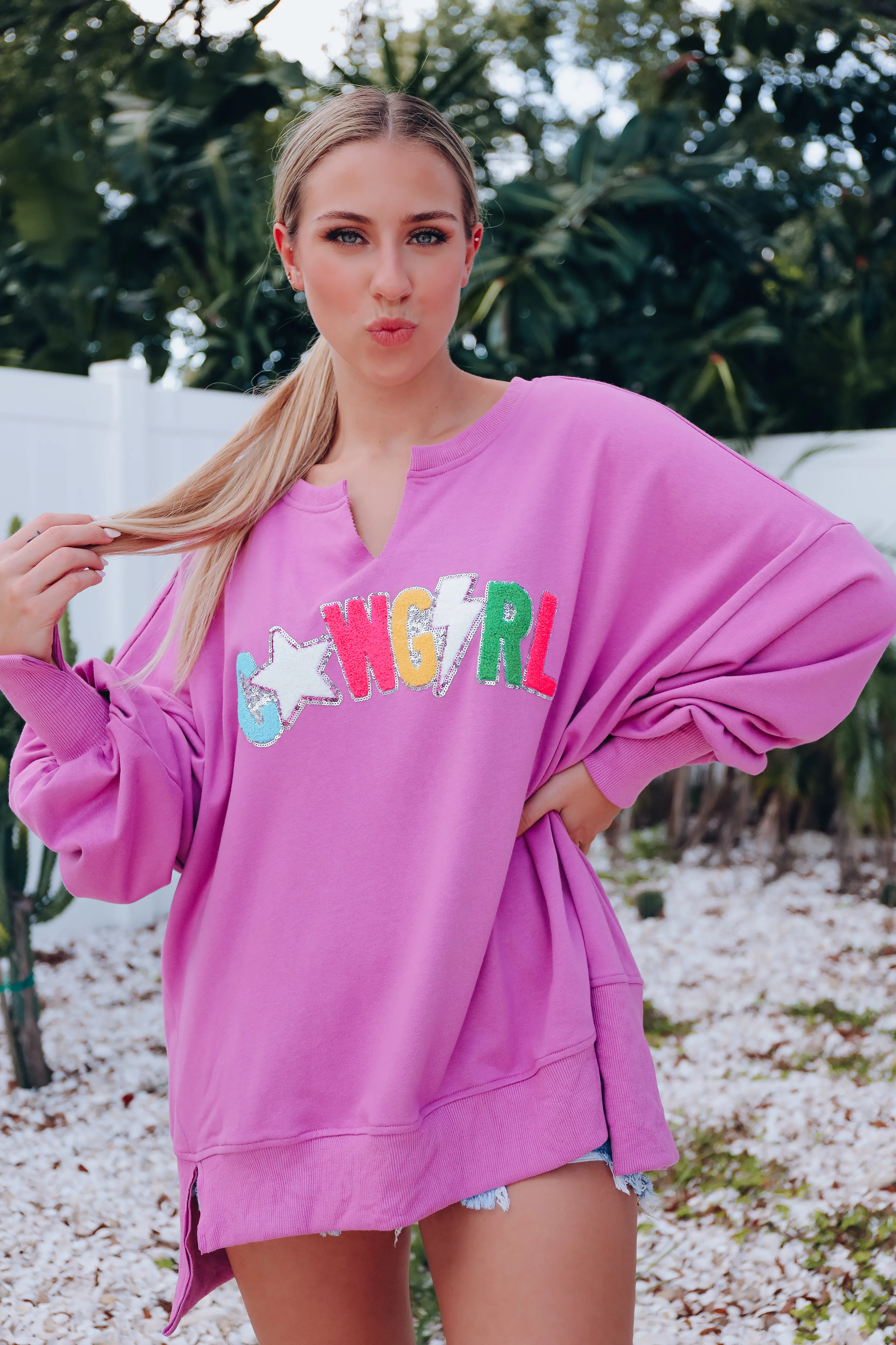 Cowgirl Sequin Patch Sweatshirt -  Orchid