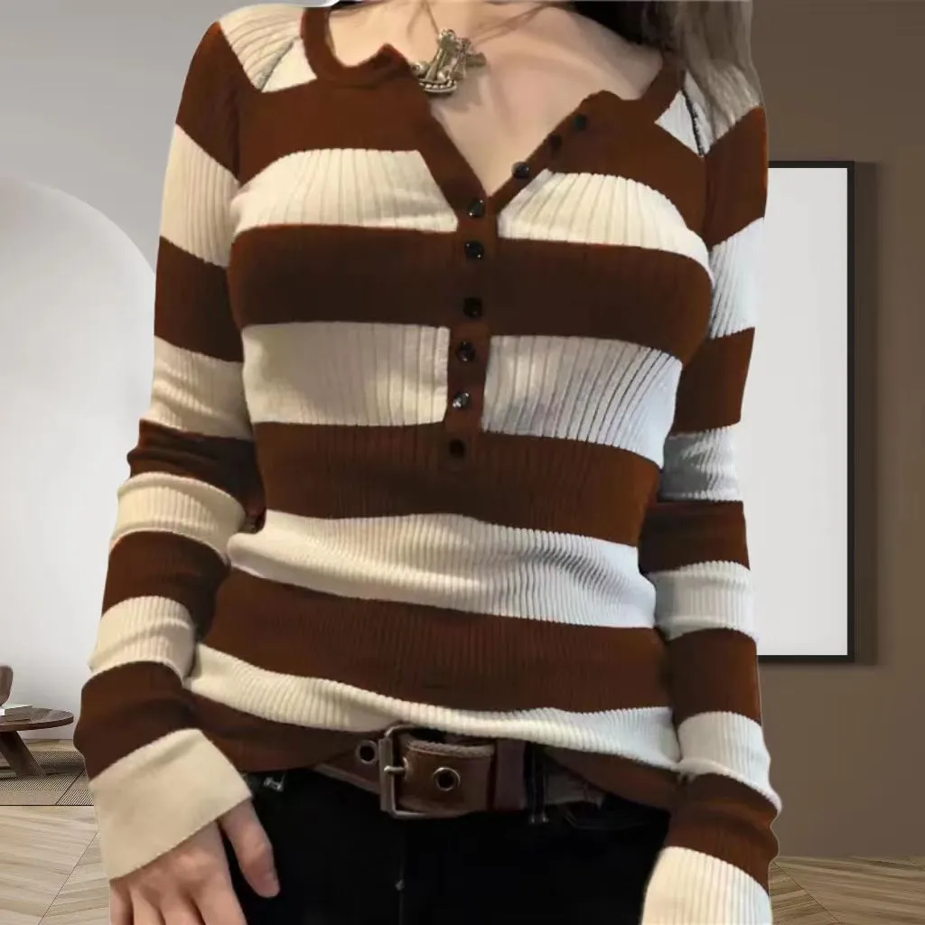 Darianrojas grunge outfits Commuter Contrast Color Striped Top Autumn Casual All-Match Loose Slimming Sweater