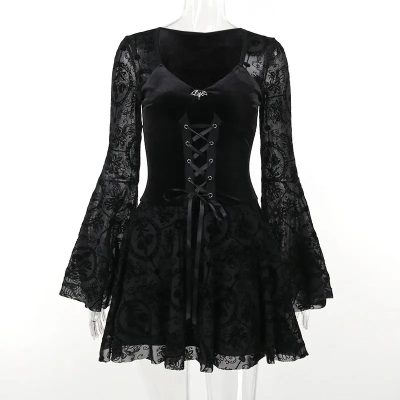 Dark Elegant Vintage Gothic Velvet Dresses Grunge Punk Style Flocked Bandage Flare Sleeve Party Dress