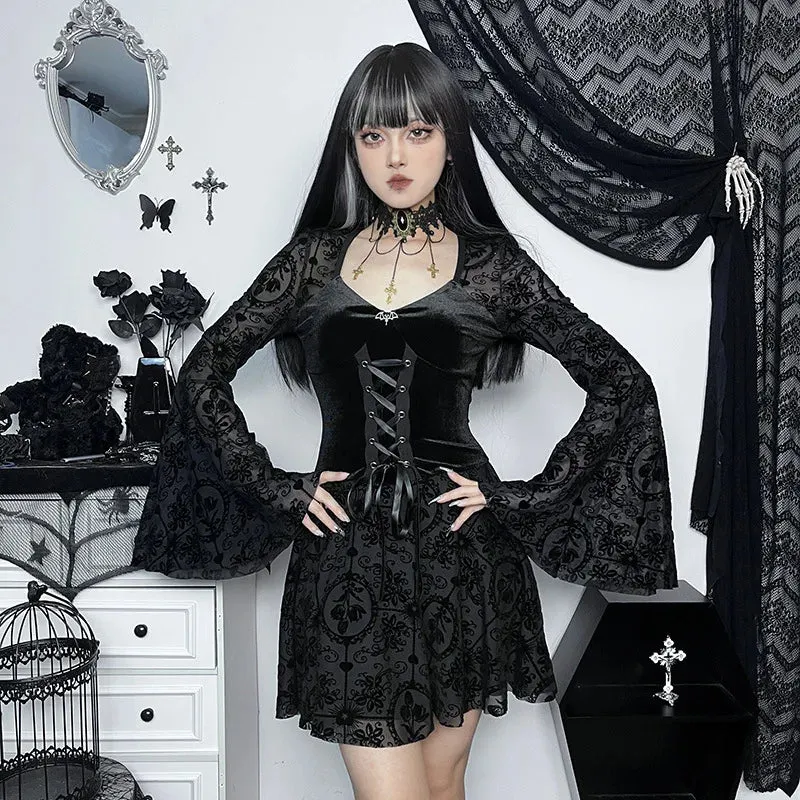 Dark Elegant Vintage Gothic Velvet Dresses Grunge Punk Style Flocked Bandage Flare Sleeve Party Dress