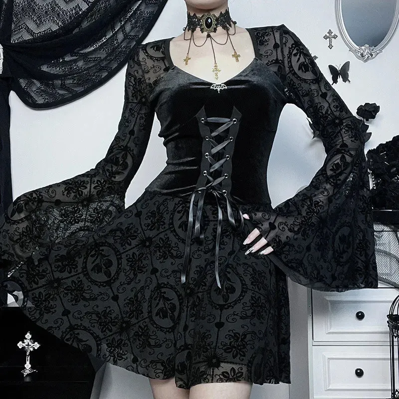 Dark Elegant Vintage Gothic Velvet Dresses Grunge Punk Style Flocked Bandage Flare Sleeve Party Dress