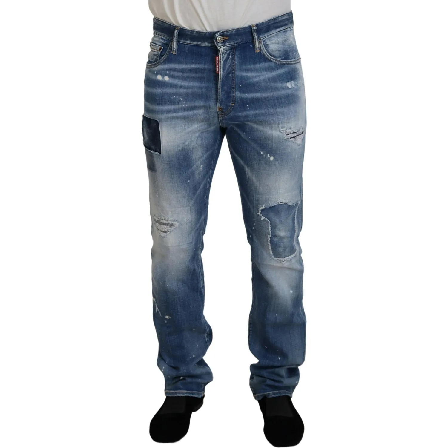 Dsquared² Blue Washed Tattered Straight Fit Casual Denim Jeans