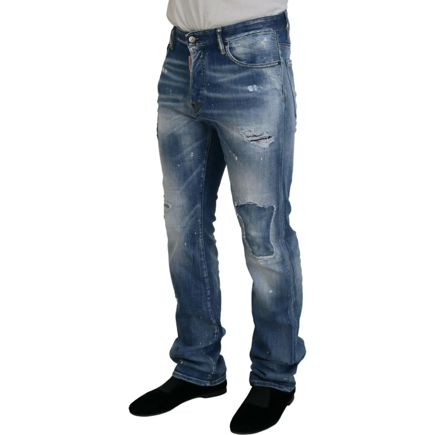 Dsquared² Blue Washed Tattered Straight Fit Casual Denim Jeans