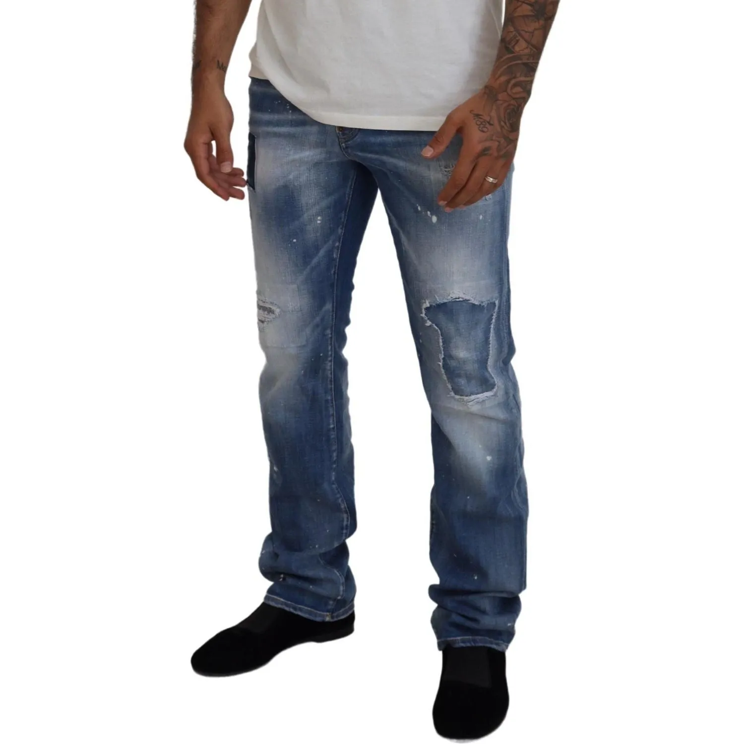 Dsquared² Blue Washed Tattered Straight Fit Casual Denim Jeans