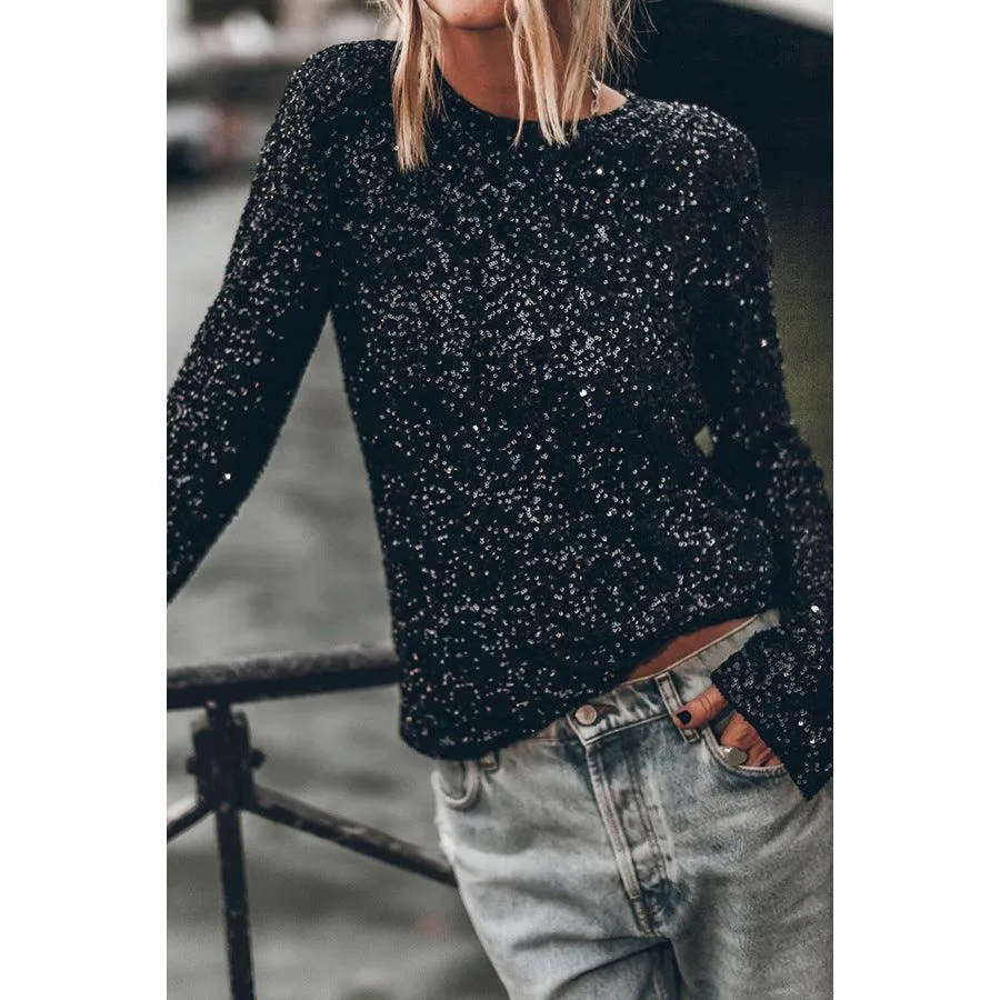 European And American Party Sequined Long Sleeve Round Neck Shirt