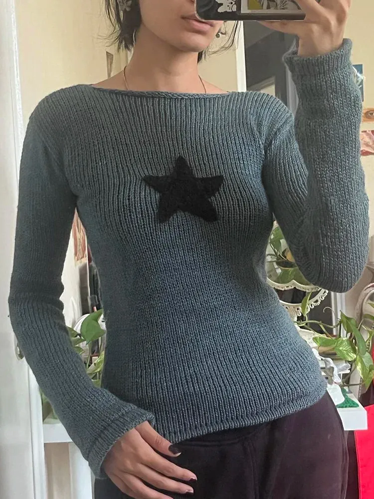 Fairycore Grunge Y2K Star Patches Women Sweaters Knitwear Cute Autumn Pullover Knit Harajuku Retro Jumpers Korean New