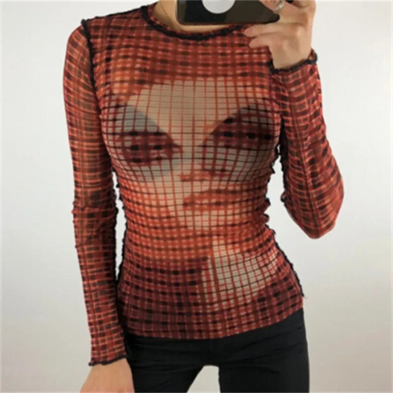 Fashionkova  Gothic Harajuku Print Mesh T-Shirt Sexy Hollow Out Long Sleeve Pullover Tee Y2K Fairy Grunge Vintage Women Fall Crop Top