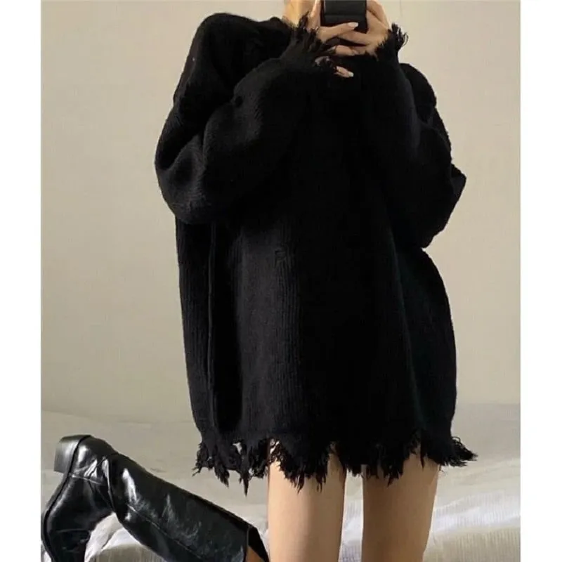 Fashionkova  Gothic Style Punk Black Knitted Sweater Women Oversize O-Neck Goth Grunge Knit Pullover Korean Fashion Long Sleeve Tops