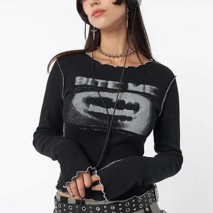 Fashionkova grunge outfits High Street Hot Girl Gothic Style Hip Hop Long Sleeve T-shirt Stitching Color Fun Pattern T-shirt