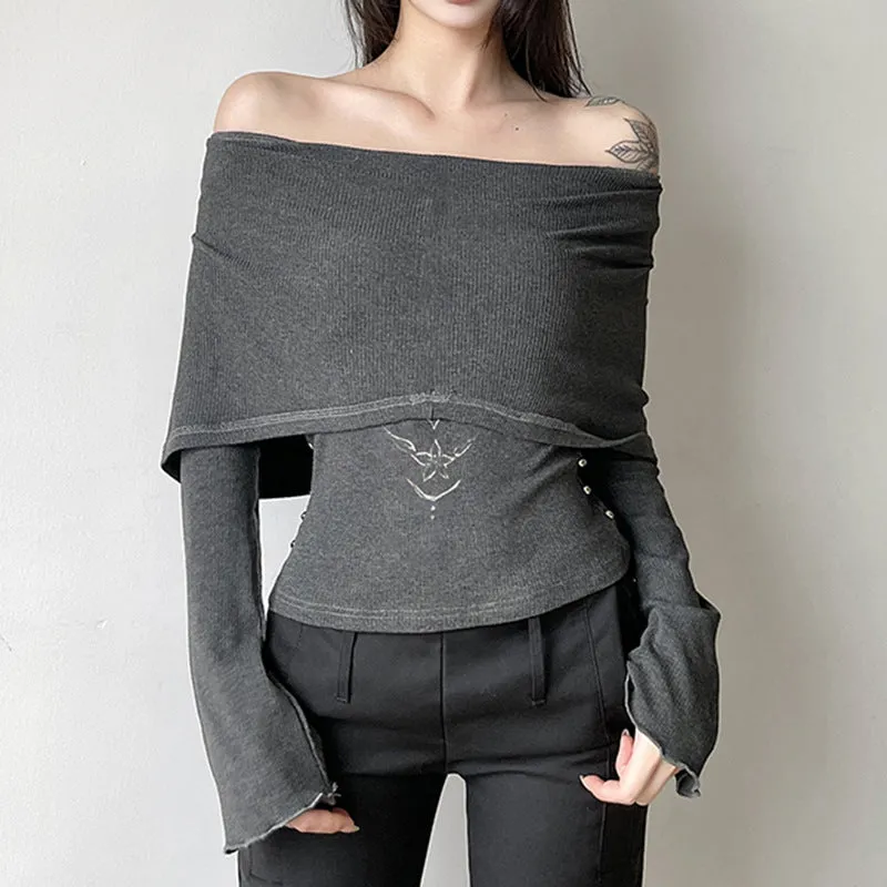 Fashionkova grunge outfits Waste Soil Feeling Various Ways to Wear off-Shoulder Long Sleeve Hooded Knitted Top American Street Stitching Slim Fit Slimming T-shirt