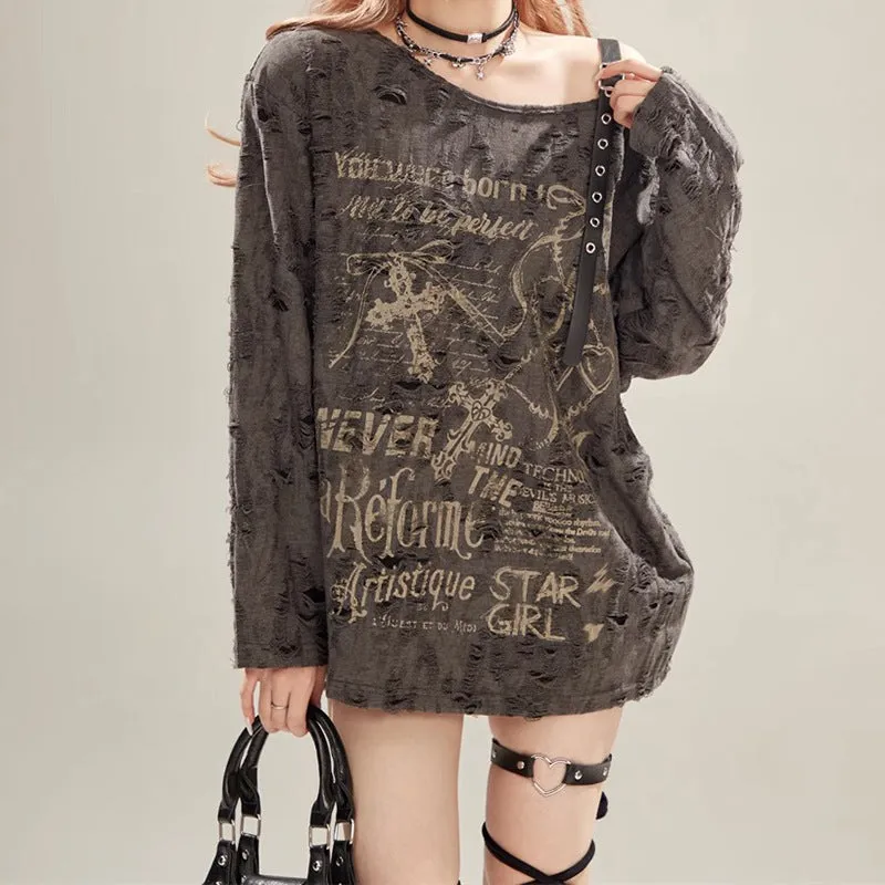 Fashionkova grunge outfits Waste Soil Style off-the-Shoulder Hot Girl Printed Blouse Top Women's Ripped Loose Feeling Lazy Long Sleeve T-shirt Summer Fashion