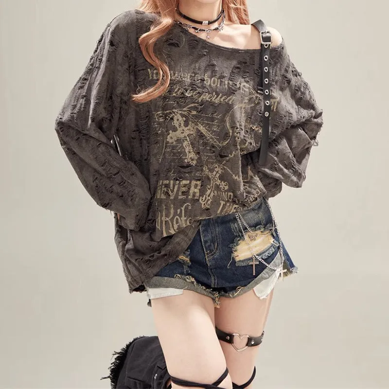 Fashionkova grunge outfits Waste Soil Style off-the-Shoulder Hot Girl Printed Blouse Top Women's Ripped Loose Feeling Lazy Long Sleeve T-shirt Summer Fashion